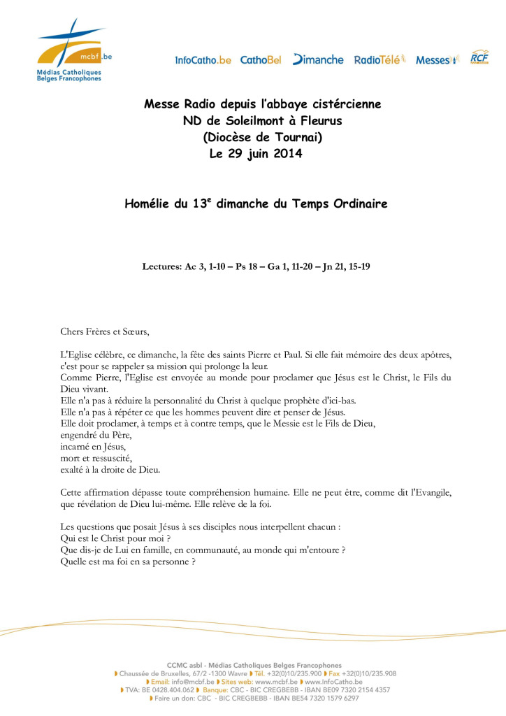 Homélie du 13e dimanche du Temps Ordinaire - Abbé Debévere